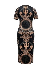 Gold Printed Short Sleeve Slim Mid Dress SH-391372