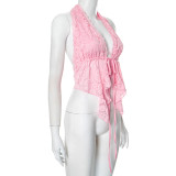 Deep V Neck Sleeveless Lace Halterneck Tops GDSF-D25TP106