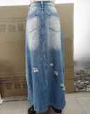 Raw Edge Hole Denim Split Half-body Skirt GSMJ-8001