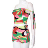 Colorful Print One Shoulder Tie Up Short Suit GDSF-D25ST096