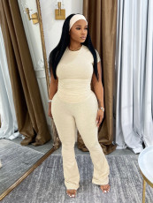 Solid Color Short Sleeve Sport Flare Pants Suit SFY-715