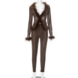 Solid Mesh Spliced Fur Long Sleeve Top Skinny Pants Set GDSF-D25ST065