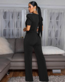 Bow Tie Short Sleeve Casual Wide Leg Jumpsuit OSM-4478