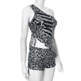 Backless Zebra Print Slant Shoulder Lace-Up Top Shorts Set GDSF-J25ST021