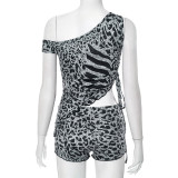 Backless Zebra Print Slant Shoulder Lace-Up Top Shorts Set GDSF-J25ST021