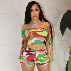 Colorful Print One Shoulder Tie Up Short Suit GDSF-D25ST096