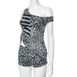 Backless Zebra Print Slant Shoulder Lace-Up Top Shorts Set GDSF-J25ST021