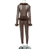 Solid Mesh Spliced Fur Long Sleeve Top Skinny Pants Set GDSF-D25ST065