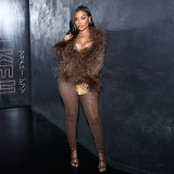 Solid Mesh Spliced Fur Long Sleeve Top Skinny Pants Set GDSF-D25ST065