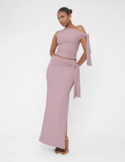 Slash Neck Solid Color Tie Up Skirts Suit GXYF-0467