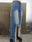 Raw Edge Hole Denim Split Half-body Skirt GSMJ-8001