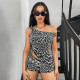 Backless Zebra Print Slant Shoulder Lace-Up Top Shorts Set GDSF-J25ST021