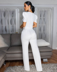 Bow Tie Short Sleeve Casual Wide Leg Jumpsuit OSM-4478