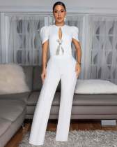 Bow Tie Short Sleeve Casual Wide Leg Jumpsuit OSM-4478