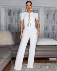 Bow Tie Short Sleeve Casual Wide Leg Jumpsuit OSM-4478
