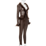 Solid Mesh Spliced Fur Long Sleeve Top Skinny Pants Set GDSF-D25ST065