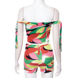 Colorful Print One Shoulder Tie Up Short Suit GDSF-D25ST096