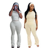 Solid Color Short Sleeve Sport Flare Pants Suit SFY-715