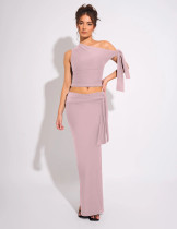 Slash Neck Solid Color Tie Up Skirts Suit GXYF-0467