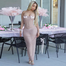 Plunge Bow Slightly Sheer Fishtail Dress  GDSF-Q25DS083