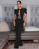 Bow Tie Short Sleeve Casual Wide Leg Jumpsuit OSM-4478