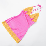 Lace Patchwork Halterneck Backless Mini DressGDSF-D24DS711
