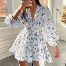 Plus Size V Neck Floral Print V Neck Midi Dress GMAN-8536