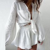 Plus Size Solid Color Shirt And Ruffles Shorts 2 Piece Set GMAN-8932