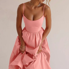 Plus Size Solid Color Sling Big Swing Maxi Dress GMAN-24330