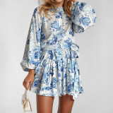Plus Size Long Sleeve Tie Up Print Midi Dress GMAN-28391