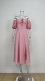 Plus Size Off Shoulder Bubble Sleeve Tie Maxi Dress GMAN-8141