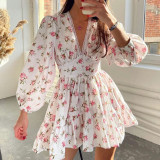 Plus Size V Neck Floral Print V Neck Midi Dress GMAN-8536