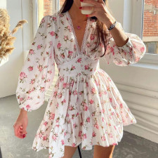 Plus Size V Neck Floral Print V Neck Midi Dress GMAN-8536
