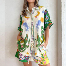 Plus Size Short Sleeve Print Shirt Two Piece Shorts Set GMAN-24532