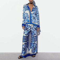 Plus Size Print Long Sleeve Shirt Two Piece Pants Set GMAN-24509