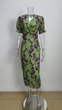 Plus Size Print V Neck Pleated Maxi Dress GMAN-28272