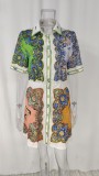 Plus Size Lapel single-breasted Long-sleeve Printed Shirt Dress GMAN-24545