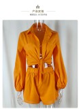 Plus Size Solid Color Shirt And Ruffles Shorts 2 Piece Set GMAN-8932