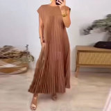 Plus Size Solid Color Pleated Loose Maxi Dress GMAN-28011