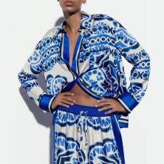 Plus Size Print Long Sleeve Shirt Two Piece Pants Set GMAN-24509