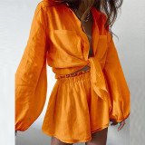 Plus Size Solid Color Shirt And Ruffles Shorts 2 Piece Set GMAN-8932