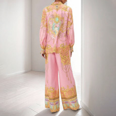 Plus Size Long Sleeve Pink Printed Shirt Pants Casual Set GMAN-29121
