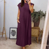 Plus Size Solid Color Pleated Loose Maxi Dress GMAN-28011