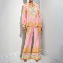 Plus Size Long Sleeve Pink Printed Shirt Pants Casual Set GMAN-29121