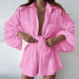 Plus Size Solid Color Shirt And Ruffles Shorts 2 Piece Set GMAN-8932