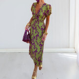 Plus Size Print V Neck Pleated Maxi Dress GMAN-28272