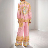 Plus Size Long Sleeve Pink Printed Shirt Pants Casual Set GMAN-29121