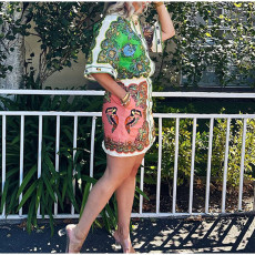 Plus Size Lapel single-breasted Long-sleeve Printed Shirt Dress GMAN-24545