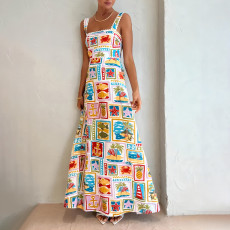 Plus Size Graffiti Print Halter Big Swing Maxi Dress GMAN-24644