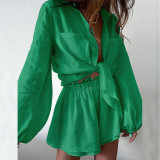 Plus Size Solid Color Shirt And Ruffles Shorts 2 Piece Set GMAN-8932